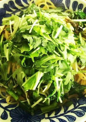 春菊と水菜の塩こんぶパスタ-レシピのメイン写真