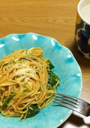 切ったら煮るだけ『水菜とトマトのパスタ』-レシピのメイン写真