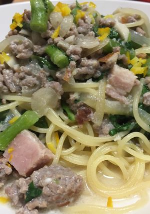 菜の花と挽肉の豆乳柚子胡椒パスタ-レシピのメイン写真