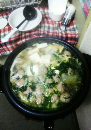 鶏団子とニラと、生涯と、えのき、白菜鍋-レシピのメイン写真