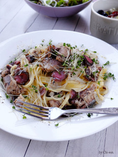 味付け要らず☆鯖缶と柴漬けのパスタ!-レシピのメイン写真