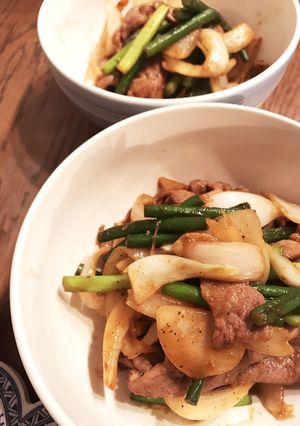 豚肉、ニンニクの芽、新玉ねぎの辛味噌炒め-レシピのメイン写真