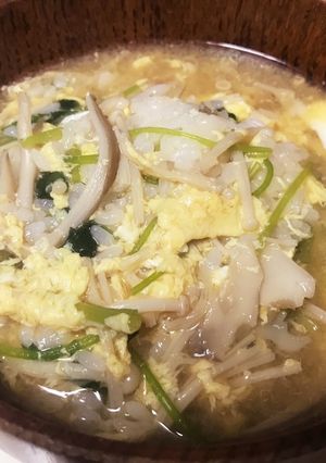 キノコとミツバのかき卵汁からの雑炊-レシピのメイン写真