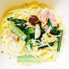 รูปของ しめじと小松菜のスープパスタ
