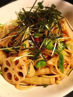 姫竹とれんこんとねぎの和風パスタ-レシピのメイン写真