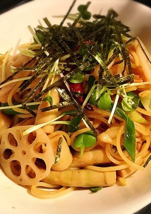姫竹とれんこんとねぎの和風パスタ-レシピのメイン写真