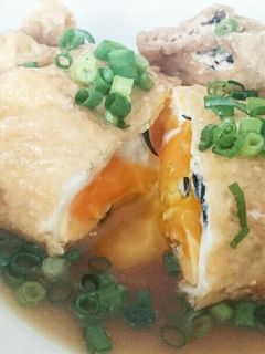 簡単!!鶏挽き肉と豆腐で半熟卵入り巾着煮-レシピのメイン写真