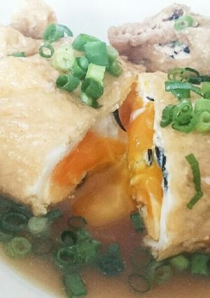 簡単!!鶏挽き肉と豆腐で半熟卵入り巾着煮-レシピのメイン写真