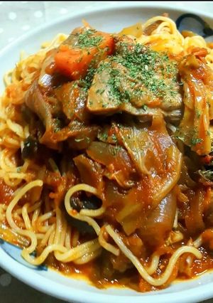 鶏のトマト煮込みの焼きそパスタ-レシピのメイン写真