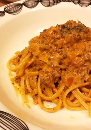 絶品 ミートソースでミートクリームパスタ-レシピのメイン写真