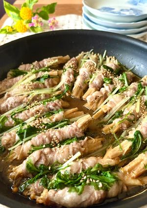 簡単夕食・おつまみ★えのきの肉巻き〜水菜蒸し-レシピのメイン写真
