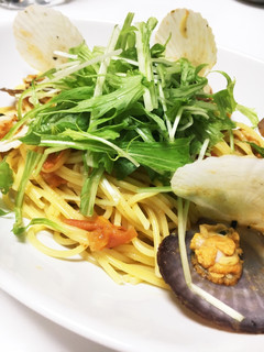 帆立稚貝と水菜のアクアパッツァ風パスタ!-レシピのメイン写真