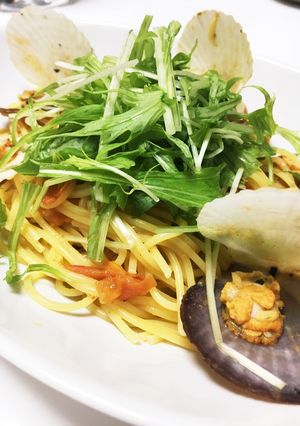 帆立稚貝と水菜のアクアパッツァ風パスタ！-レシピのメイン写真