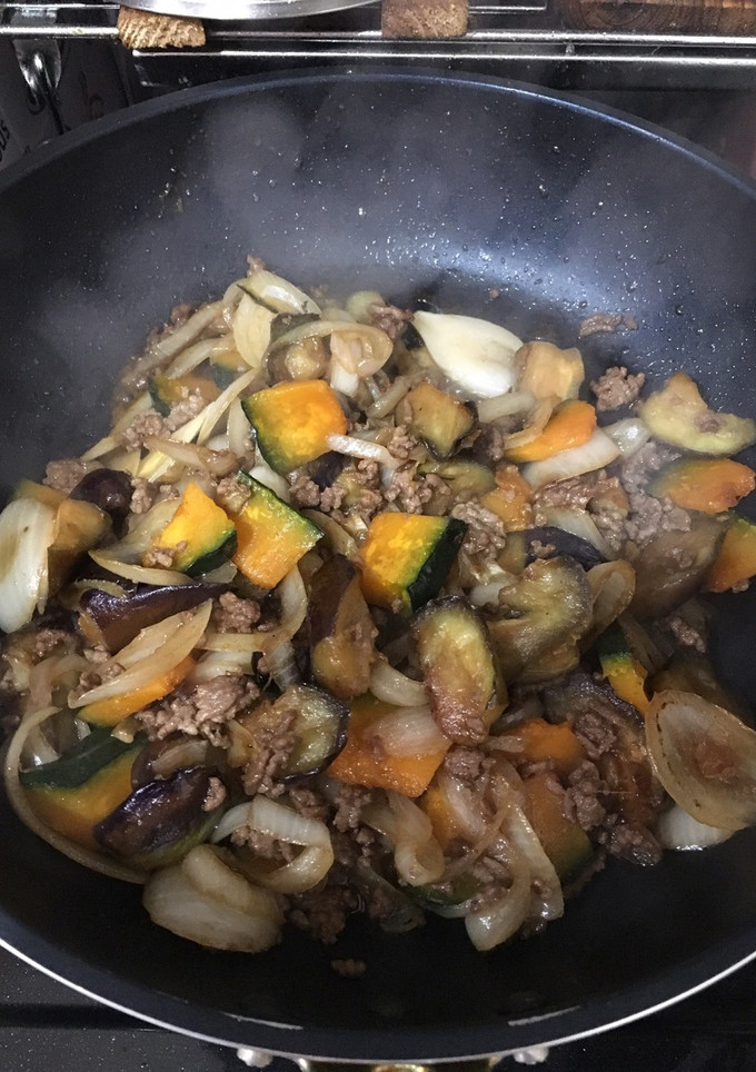 めんつゆで茄子&かぼちゃ&挽肉の甘酢炒め-レシピのメイン写真