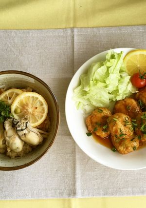 牡蠣の炊き込みとレモンソースの肉団子♪-レシピのメイン写真