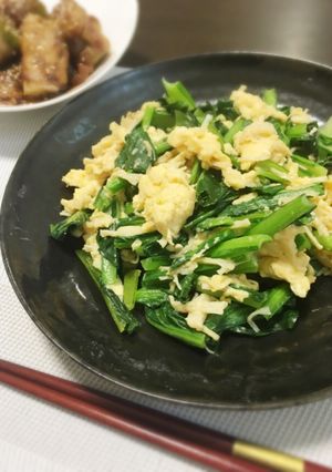 ホタテ缶入り♪小松菜と卵の炒め物-レシピのメイン写真