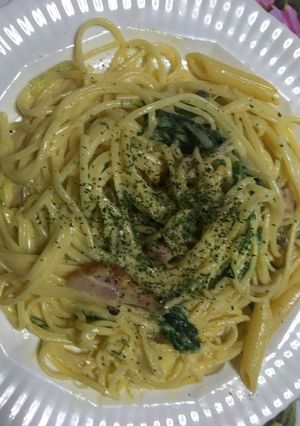 しめじと水菜の厚切りベーコンカルボナーラ-レシピのメイン写真