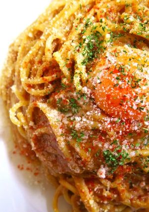 簡単TKP♪玉ねぎのカレー卵かけパスタ-レシピのメイン写真