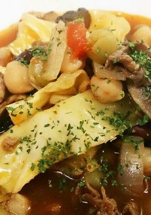ミックスビーンズと牛肉トマトデミ風スープ-レシピのメイン写真