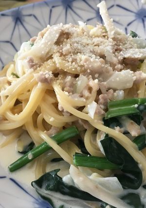 鶏ひき肉とごぼうのクリームパスタ-レシピのメイン写真