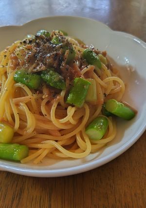 アスパラのバター焼きとなめ茸のパスタ-レシピのメイン写真