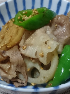 蓮根としし唐と豚バラのポン酢炒め-レシピのメイン写真
