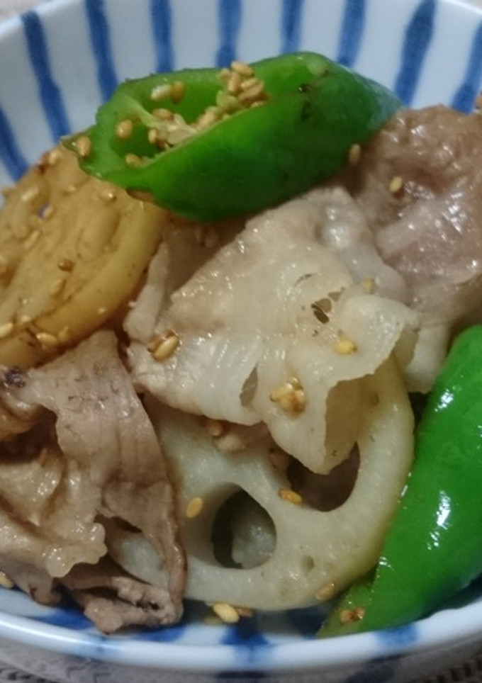 蓮根としし唐と豚バラのポン酢炒め-レシピのメイン写真