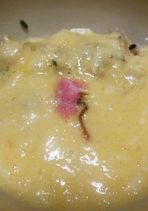 赤飯のとろろ汁かけ　桜の花の塩漬け入り-レシピのメイン写真