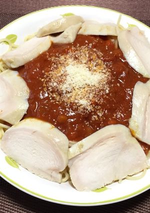 ナポリタンパスタのサラダチキン乗せ-レシピのメイン写真