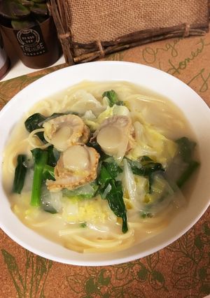 菜の花とホタテのクリームスープパスタ-レシピのメイン写真