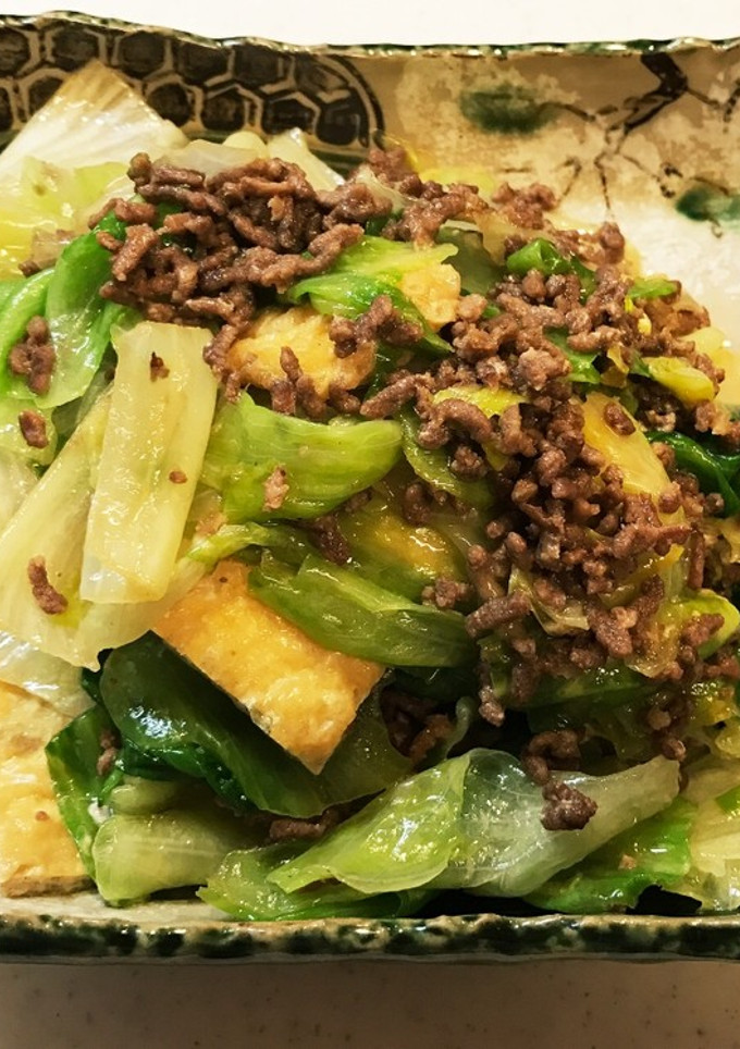 牛ひき肉とレタスと油揚げのマヨソース炒め-レシピのメイン写真