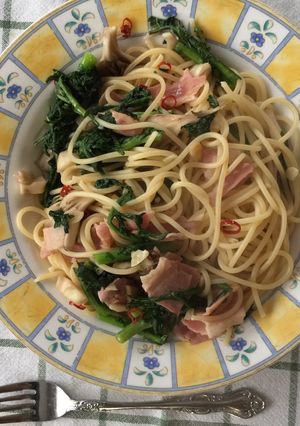 春菊と舞茸とベーコンのパスタ(そのまま)-レシピのメイン写真