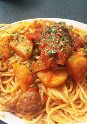 長芋と鶏肉のトマトソースパスタ-レシピのメイン写真