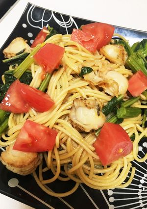 ベビーホタテとかき菜のバター醤油パスタ-レシピのメイン写真