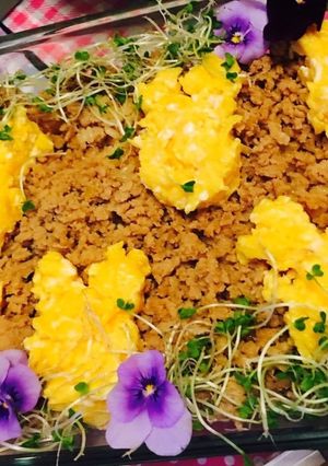 エディブルフラワーで可愛い鶏そぼろ丼-レシピのメイン写真