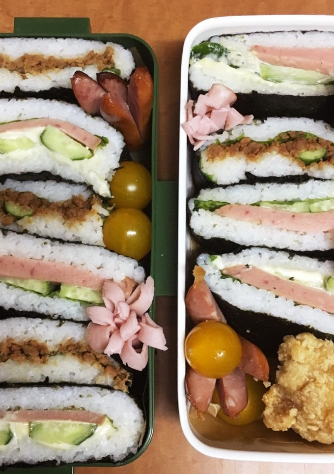 簡単･手頃魚肉ハムと鶏そぼろのおにぎらず-レシピのメイン写真