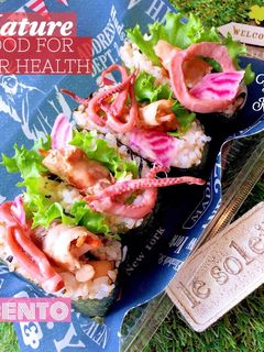 ひじき煮サンドおにぎらず、肉巻きとイカ-レシピのメイン写真