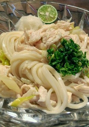 節約簡単昼食！葱塩鶏の温&冷うどん/素麺-レシピのメイン写真
