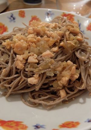 バターサーモンのパスタを蕎麦で・隠醤油味-レシピのメイン写真