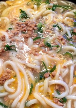5分でパパっと！大豆のお肉でネギ玉うどん-レシピのメイン写真