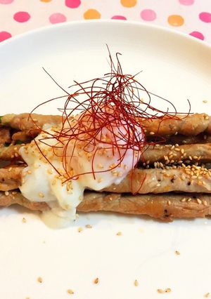 アスパラの豚肉巻き♡温玉のせ♬-レシピのメイン写真