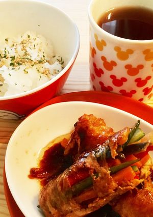 千切野菜の豚バラ肉巻きオイスターソース餡-レシピのメイン写真