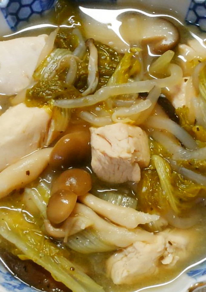 鶏ささみと青菜きのこの スープ煮塩味で♡-レシピのメイン写真