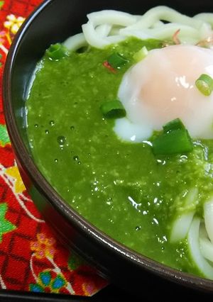 干しエビと抹茶とろろの温玉うどん-レシピのメイン写真