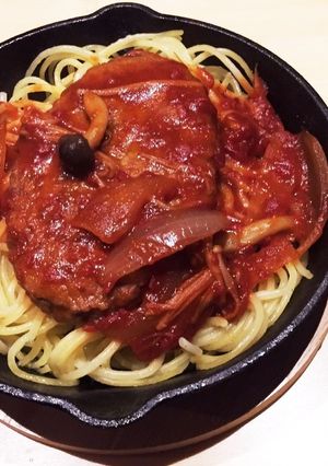 キャンプ飯！煮込みハンバーグスパゲティ-レシピのメイン写真