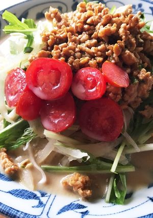 玉ねぎスライスと鶏そぼろの豆乳味噌冷麺-レシピのメイン写真