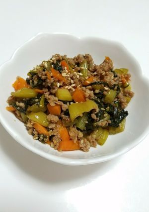 簡単副菜！野沢菜と挽肉の油炒め♪-レシピのメイン写真