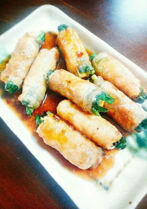 厚揚げとニラの豚肉ロールピリ辛味噌ダレ-レシピのメイン写真