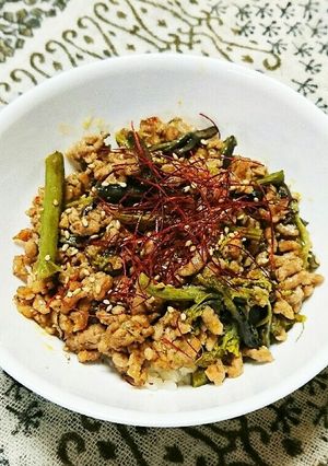 ワラビとひき肉のピリ辛丼-レシピのメイン写真