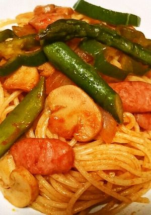 旬のアスパラ＆新玉ねぎのナポリタン-レシピのメイン写真